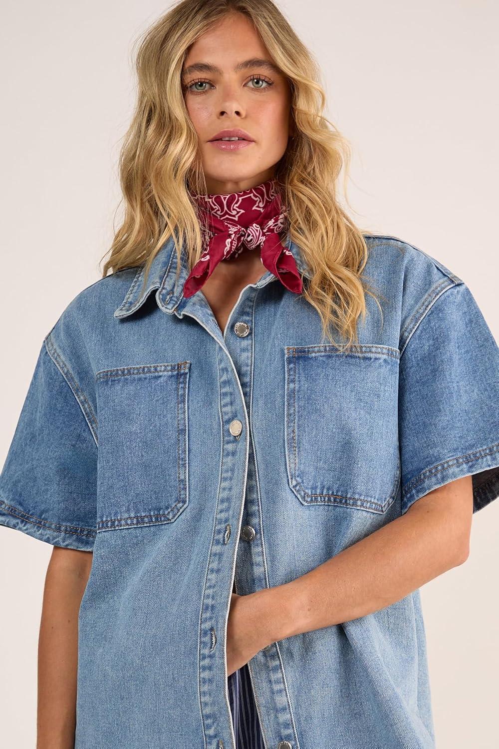 image:imageNasty Gal Womens Denim Short Sleeve Oversized ShirtVintage Wash