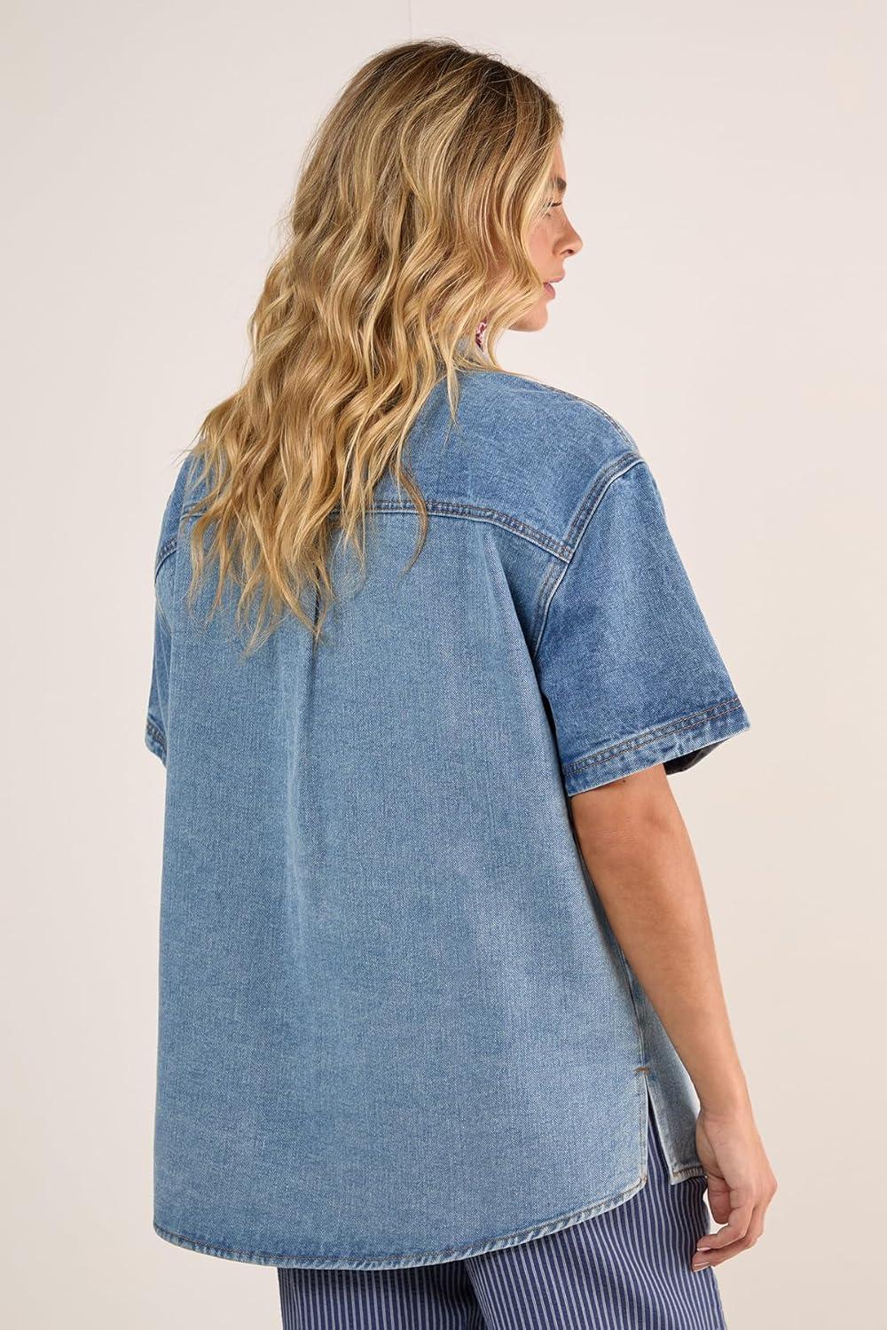 image:imageNasty Gal Womens Denim Short Sleeve Oversized ShirtVintage Wash