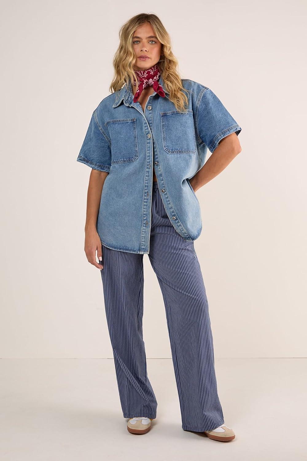 image:imageNasty Gal Womens Denim Short Sleeve Oversized ShirtVintage Wash