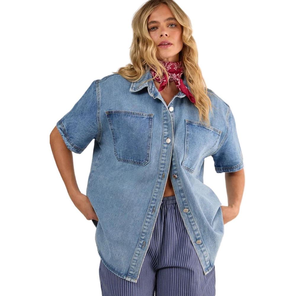 image:imageNasty Gal Womens Denim Short Sleeve Oversized ShirtVintage Wash